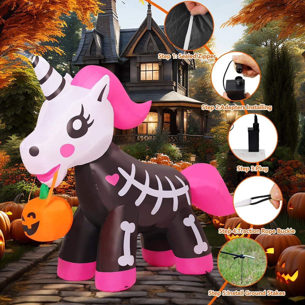 Witchwood™ COMIN 5 FT Halloween Inflatables Skeleton Unicorn Outdoor Decorations Blow Up Yard Pink Cute with Built-in LEDs for Indoor Party Garden Lawn Decor
