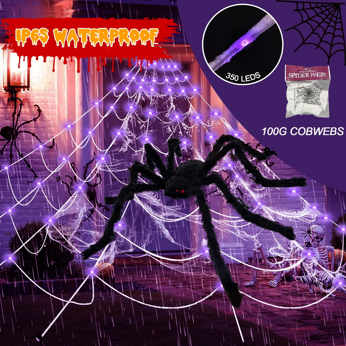 Witchwood™ Scidweet Halloween Decorations Outdoor, 350 LED Halloween Spider Web Lights with 79" Giant Spider for Home Garden Yard Decor