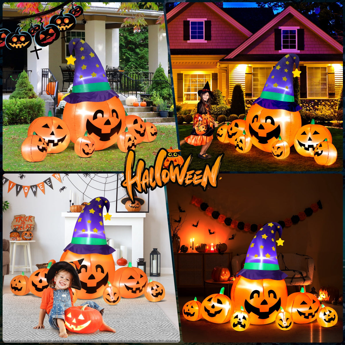 Witchwood™ 8.7ft Halloween Inflatables Pumpkins 7 Blow Up Decor with Witches Hat, Built-in LED Lights for Halloween Party, Yard, Garden, Lawn