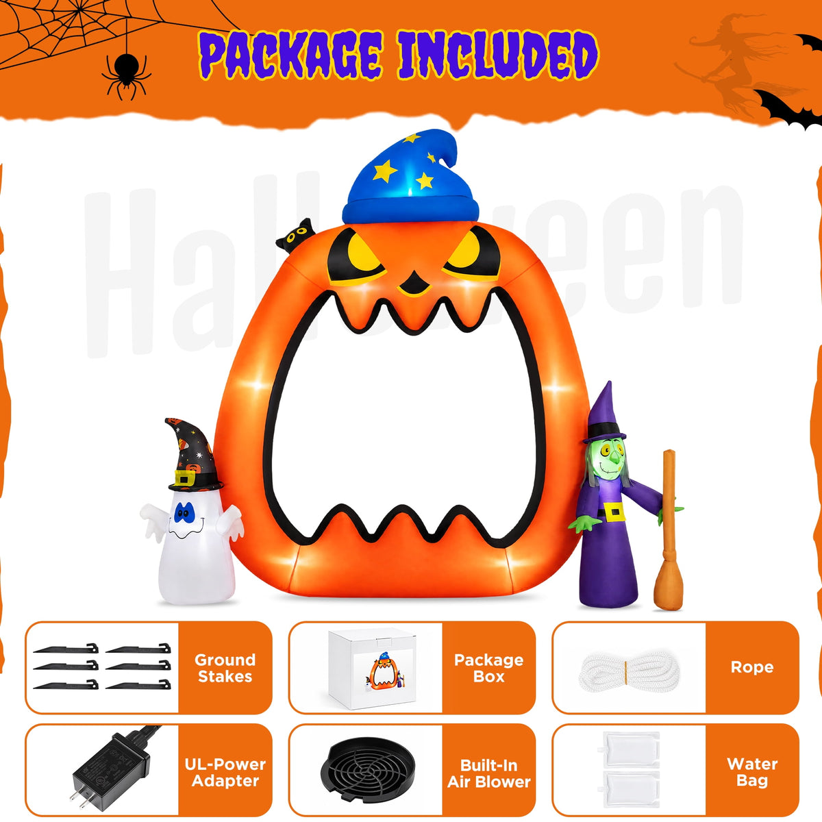 Witchwood™ 8.2ft Halloween Inflatable Pumpkins Photo Door with Ghost Witch Yard Party Outdoor Decorations with LED Lights