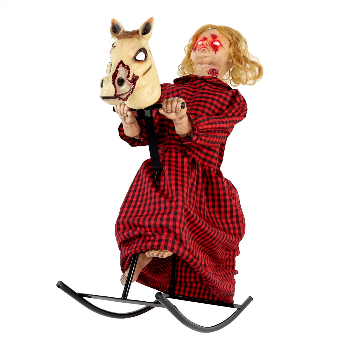 Witchwood™ 3.2 ft Voice & Sound-Sensor Rocking Horse Girl Halloween Animatronic, HHRCKHRSGRL-1FLSA