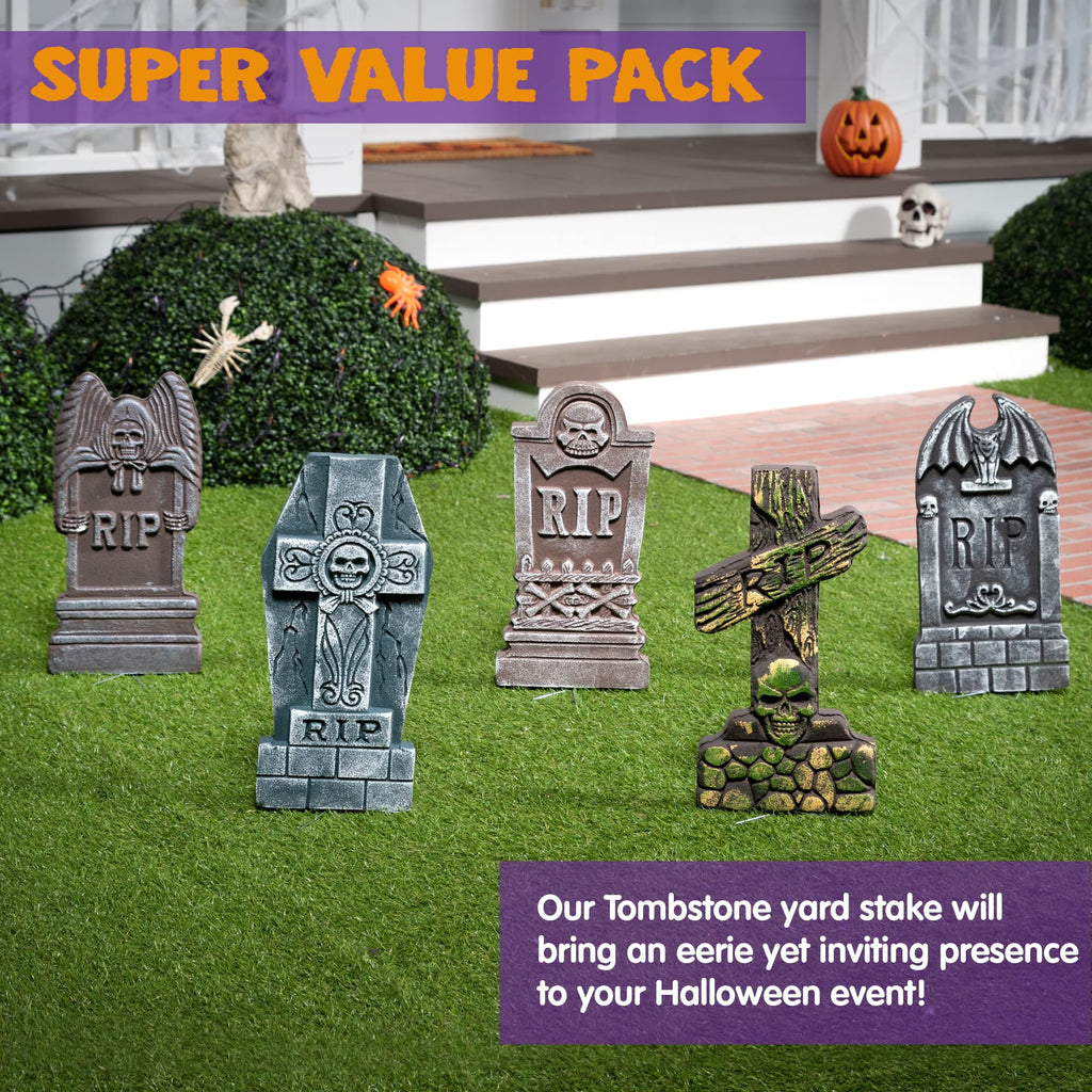 Witchwood™ 17" Halloween 5 Pack Tombstone Decorations, Foam RIP Graveyard Signs Cemetery Headstones Scary Outdoor Indoor Halloween Decor with 12 Metal Stakes for Easy Set Up, Waterproof for Garden Lawn