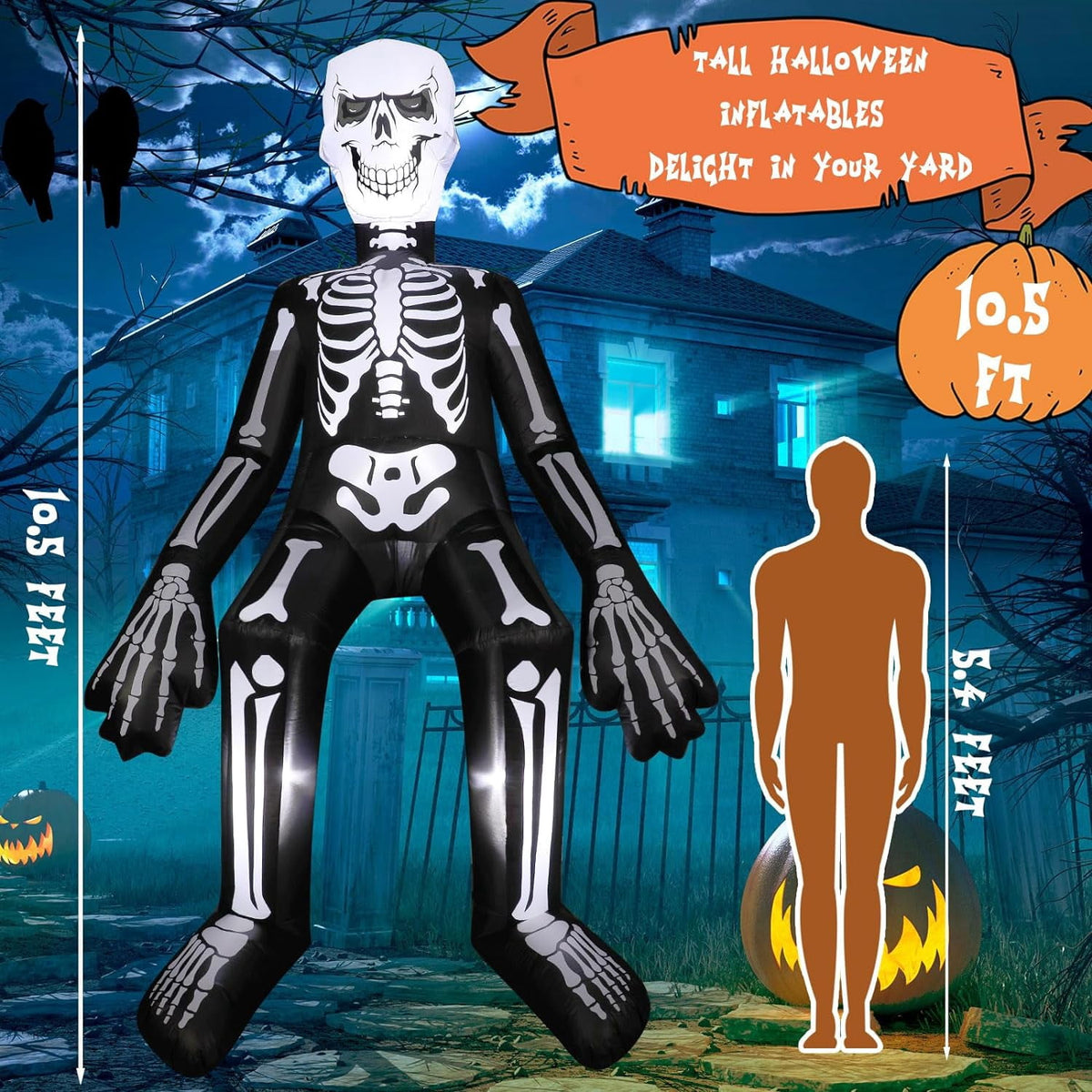 Witchwood™ Halloween Inflatables Outdoor Decorations, 10.5FT Sitting Skeleton Halloween Outdoor Inflatables Decorations Skeleton Blow Up Built in Lights Air Pump for Halloween Party Yard Garden Party Supplies