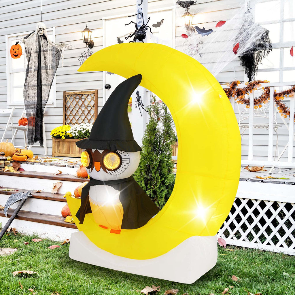 Witchwood™ Costway 4.3 x 5.1 ft Inflatable Owl on Moon LED Lighted Halloween Decoration w/ Large Moon & Wizard Owl w/ Stakes & Sandbags