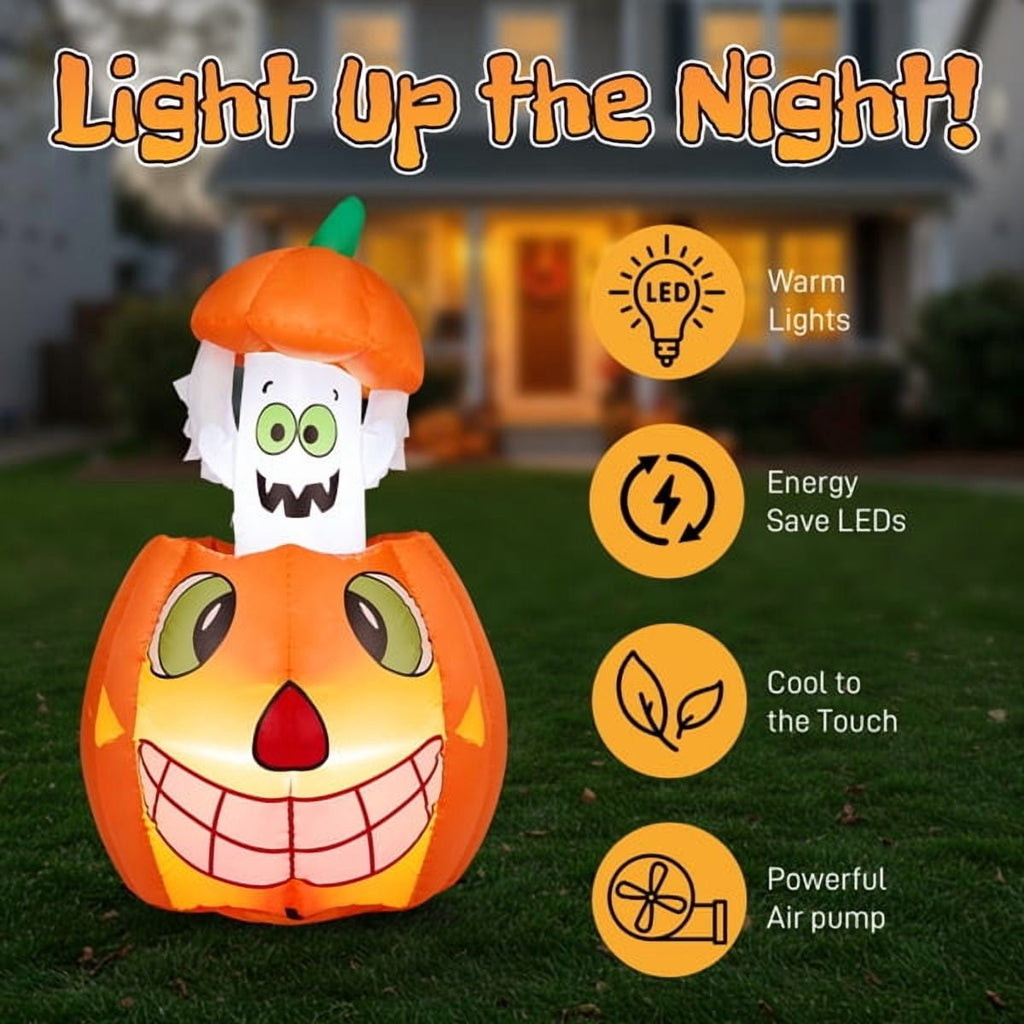 Witchwood™ 2.8FT Halloween Inflatable Animated Pumpkin Ghost, 2 White LED Lights, Weather-Resistant Polyester, for Small Spaces/Accent Decor