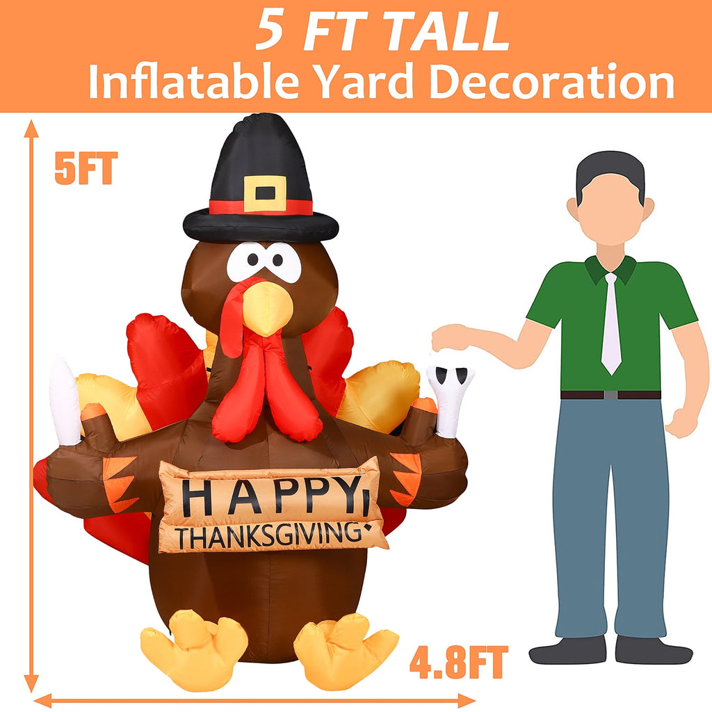 Witchwood™ Thanksgiving Inflatable Turkey 5FT Blow up Outdoor Thanksgiving Inflatables Decoration with LED Lights for Holiday Party Yard Garden