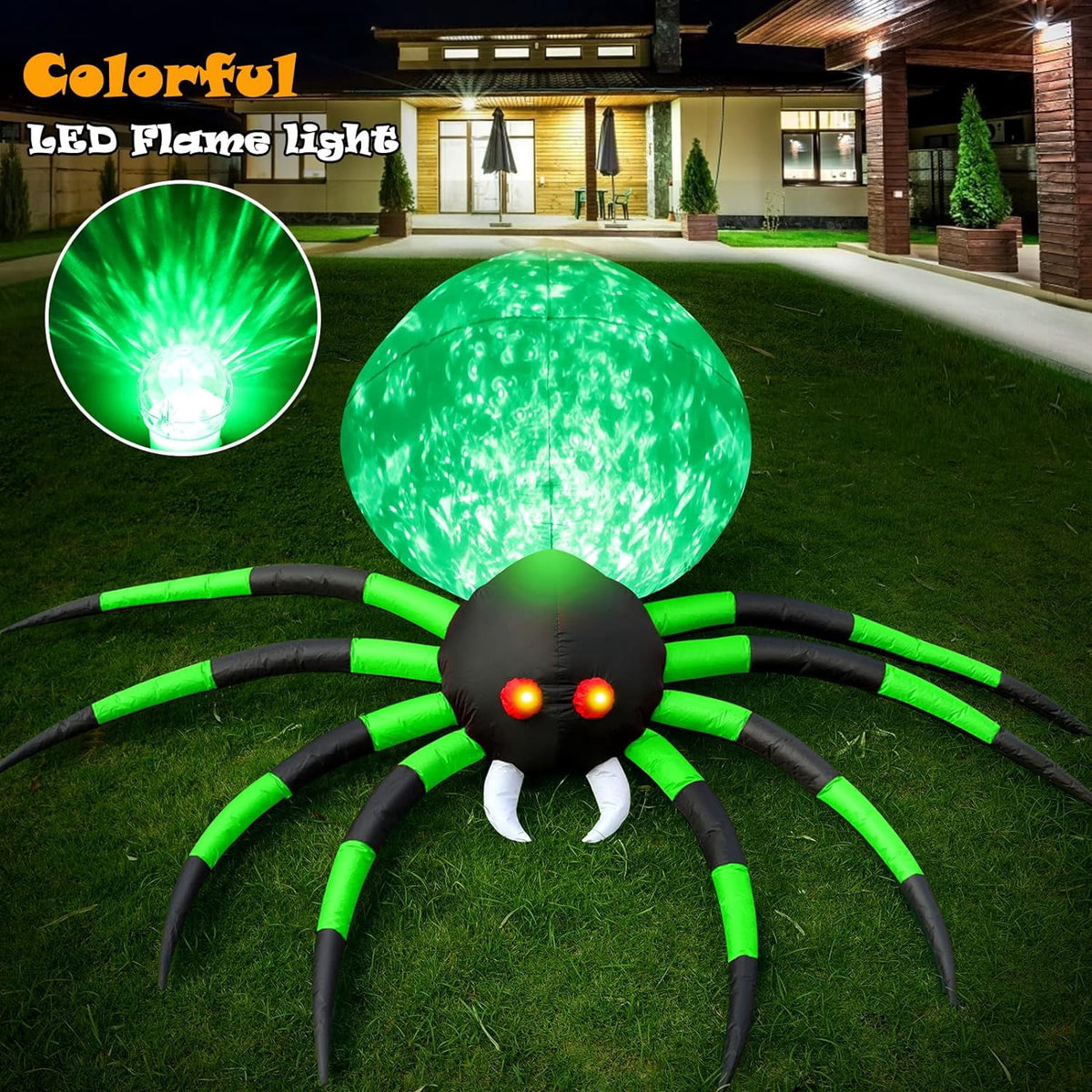 Witchwood™ 8FT Halloween Spider Inflatables Outdoor Decorations for Yard, Giant Green Spider with Blow up Rotating Fire Flame, Large Spooky Spider Props for Halloween Party Garden Lawn House Holiday Room Decor