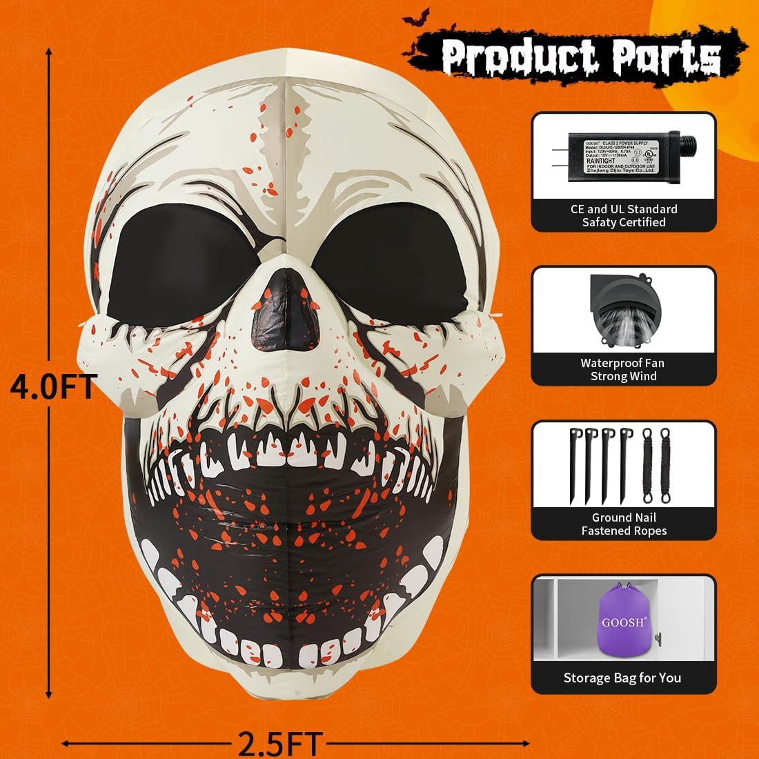 Witchwood™ Halloween Inflatables 4 FT High Halloween Inflatable Skull with Magic LEDs, Scary Skulls Inflatable Halloween Skull Inflatable, Outdoor Halloween Decorations Clearance for Holiday Party