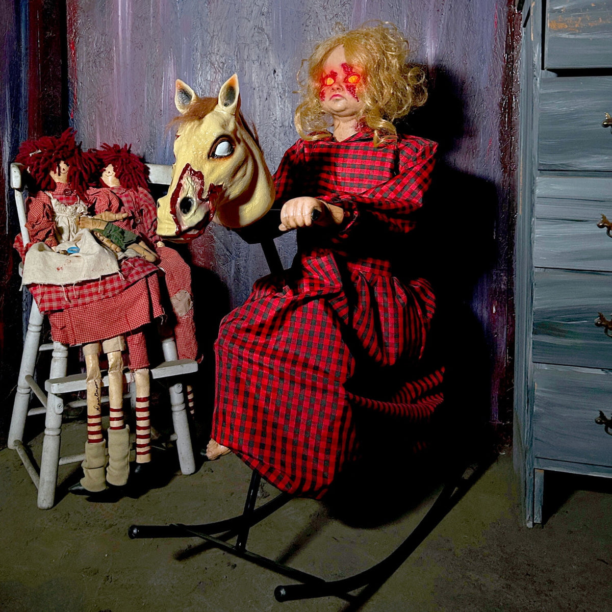 Witchwood™ 3.2 ft Voice & Sound-Sensor Rocking Horse Girl Halloween Animatronic, HHRCKHRSGRL-1FLSA