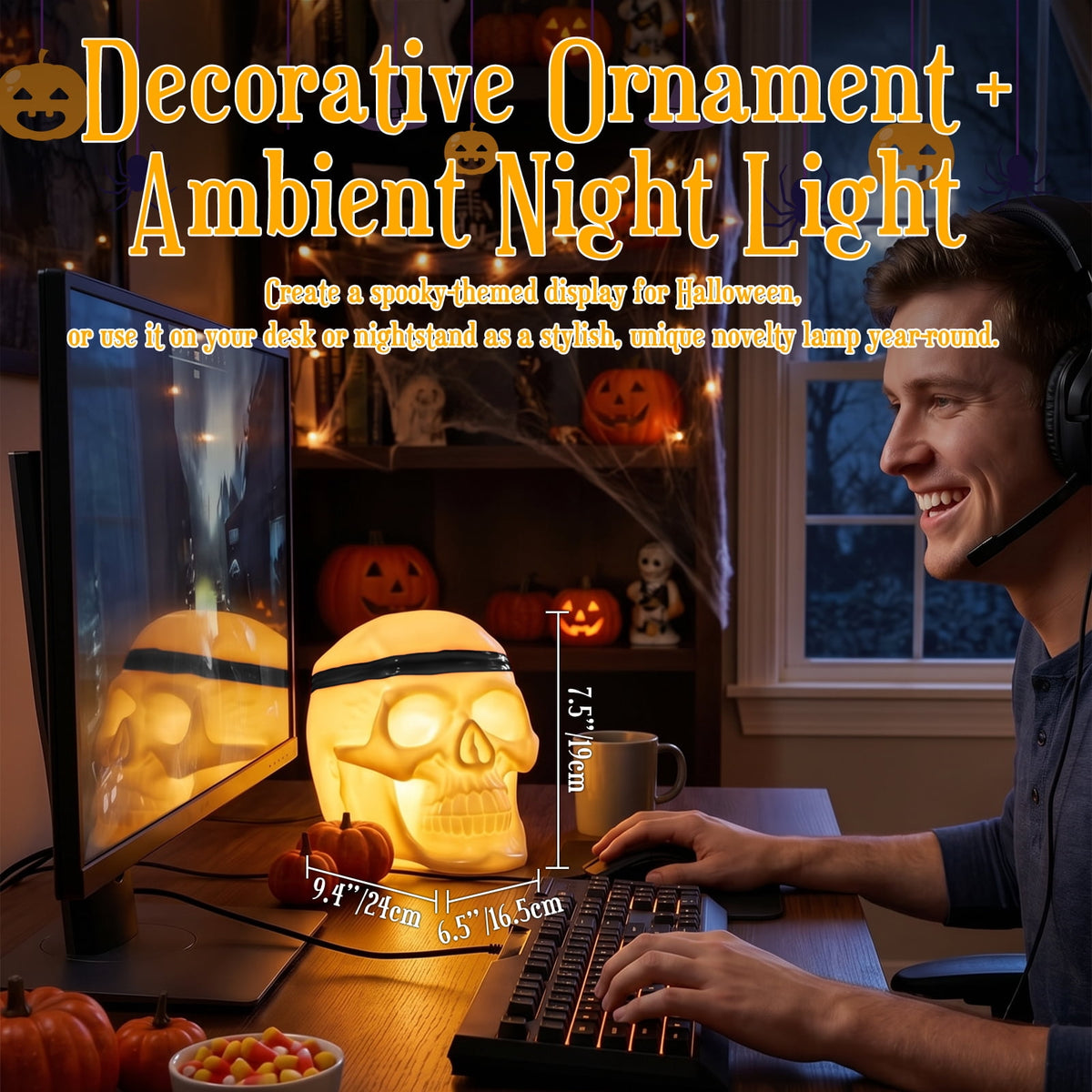 Witchwood™ Postlucky 7.5" 8-Color Dimmable LED Skull Light, Halloween Outdoor Skeleton Decor Lamp, 3 AA Battery Powered, Black Strip Accessory