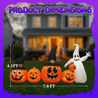 Witchwood™ 8FT Halloween Inflatable Pumpkin Ghost Scene, 5 Total LEDs, Waterproof Polyester, Quick Inflation with Stakes/Ropes for Yard/Garden/Indoor