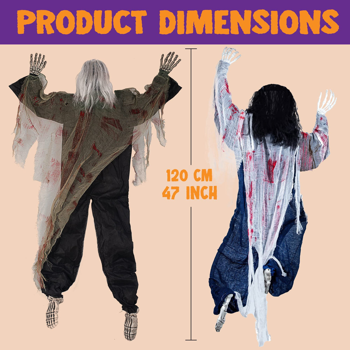 Witchwood™ 2 Pack 47 inch Halloween Decor Climbing Zombie Skeleton with Bloodstains,Halloween Hanging Decorations Indoor and Outdoor Yard Decorations