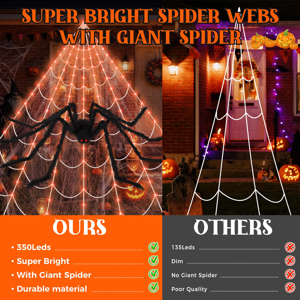 Witchwood™ Scidweet Halloween Decorations Outdoor, 350 LED Halloween Spider Web Lights with 79" Large Spider for Outside Garden Yard Home Decor, Orange