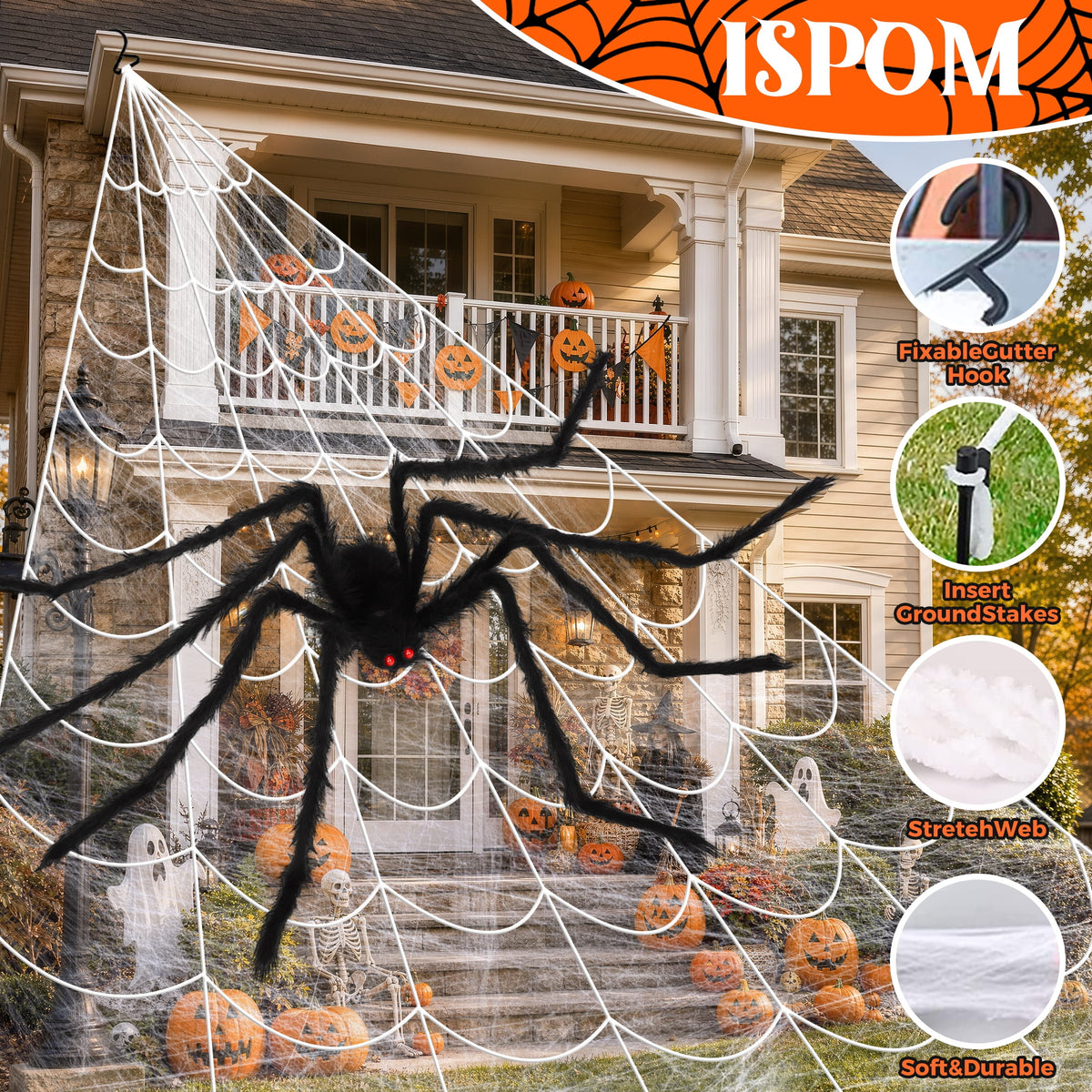 Witchwood™ Scidweet Halloween Decorations Outdoor, 350 LED Halloween Spider Web Lights with 79" Large Spider for Outside Garden Yard Home Decor, Orange