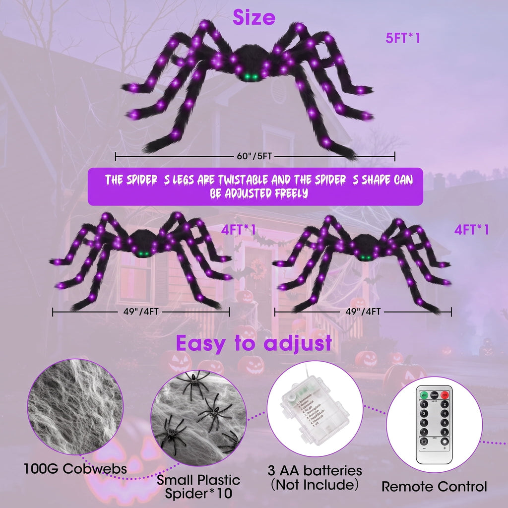 Witchwood™ Halloween Spider Decorations Set, 5FT and 2 Pack 4FT Lighted Giant Spider Decorations for Halloween Party Indoor Outdoor Yard Home Decor