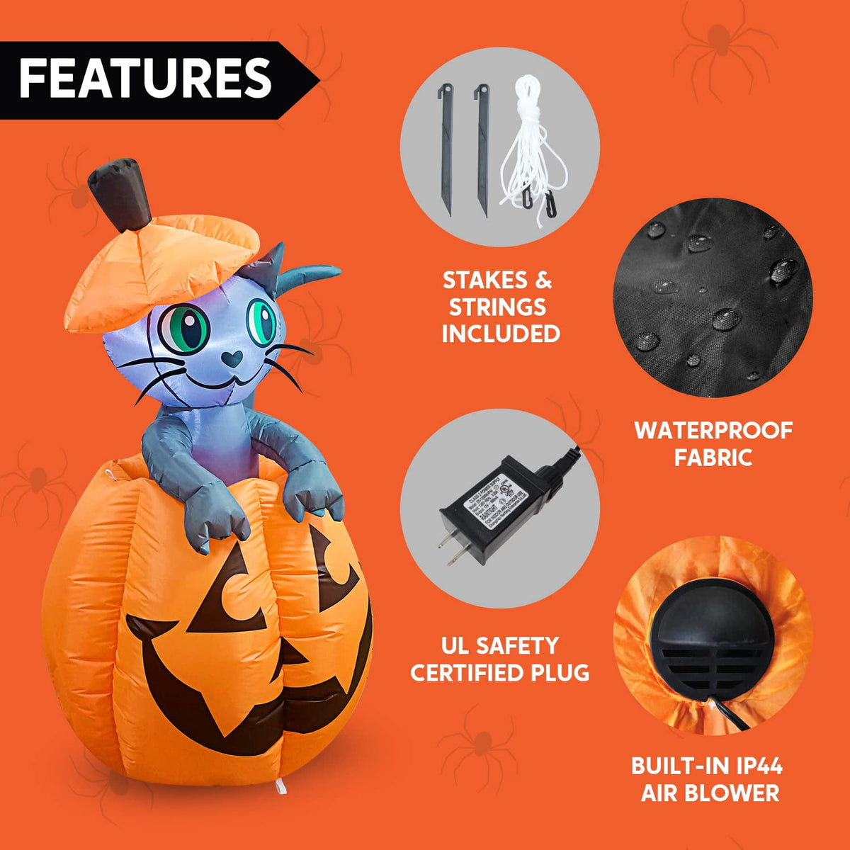 Witchwood™ 5 ft Halloween Inflatable Animated Cat on Pumpkin,Halloween Outdoor Decoration with LED Lights,Blow Up Decoration for Yard & Lawn,Party