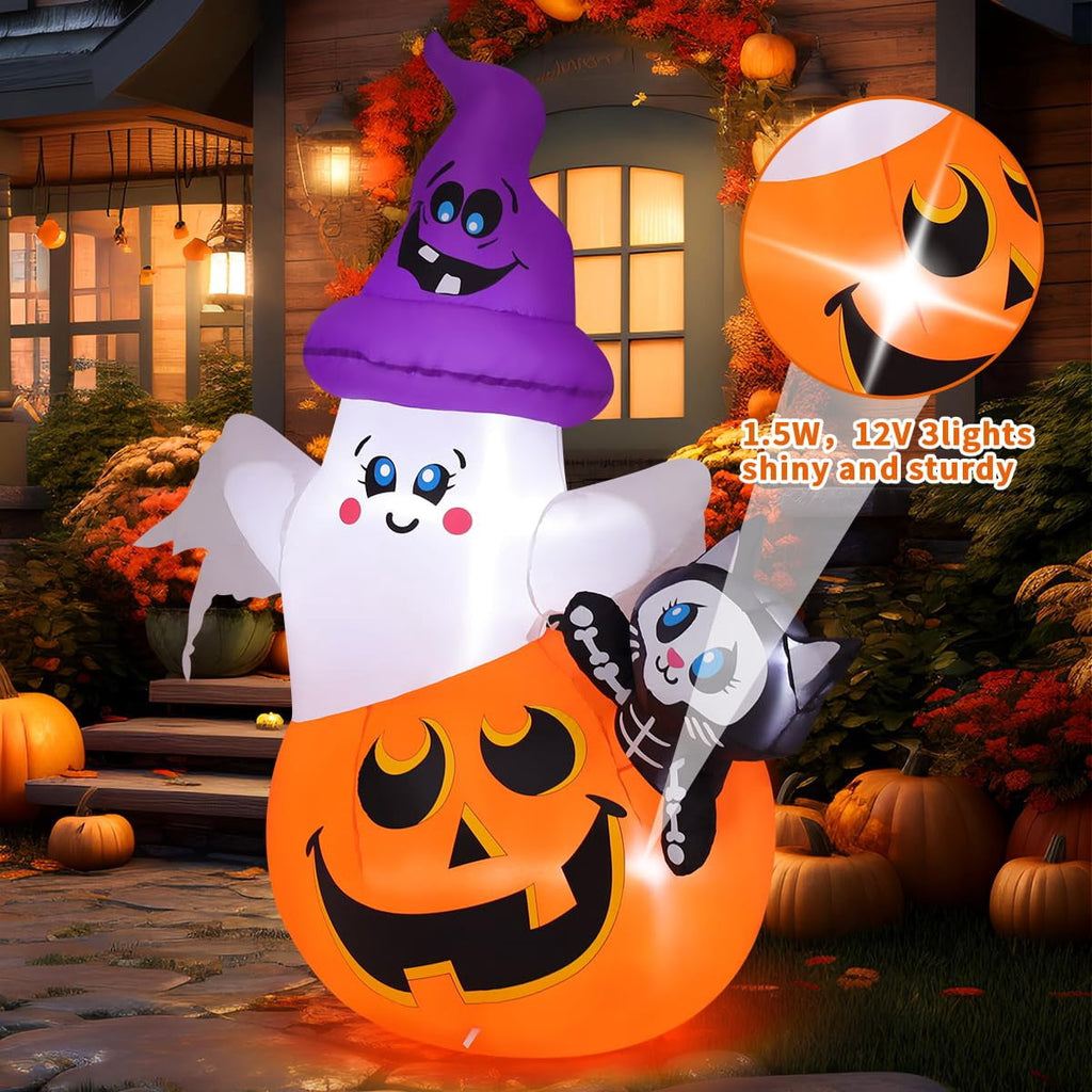 Witchwood™ COMIN 5 FT Halloween Inflatables Pumpkin Ghost Cat Outdoor Decorations Blow Up Yard with Built-in LEDs for Indoor Party Garden Lawn Decor