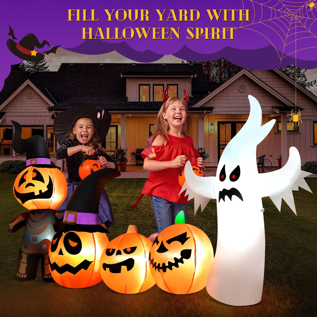 Witchwood™ Vrilay Halloween Inflatables, 7 FT Long 4 Pumpkins with Cute White Ghost Outdoor Decorations, Built-in LEDs, Blow Up Party, Waterproof Yard, Garden, Lawn Decor