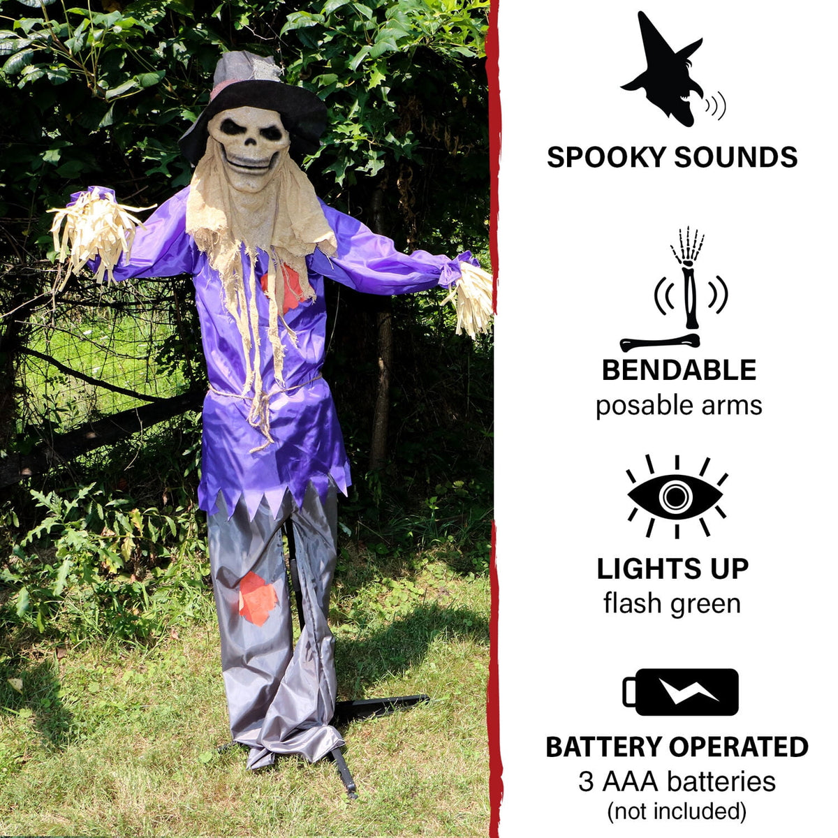 Witchwood™ 6 ft Standing Halloween Scarecrow Yard Decoration with LED Green Eyes, HHSCR-5FLS