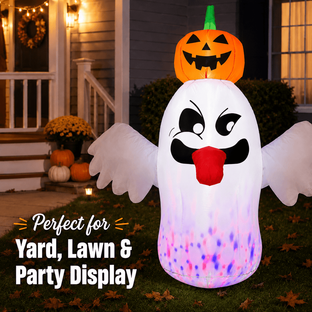 Witchwood™ 6FT Halloween Inflatable Ghost with Pumpkin Head, Light-Up Blow Up Outdoor Yard Decoration with White and RGB LED Lights