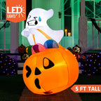 Witchwood™ 5ft Halloween Inflatables Light up Cute Ghost,Blow Up Ghost Lift Pumpkin Candy Bag with Build-in LEDs for Yard Decorations