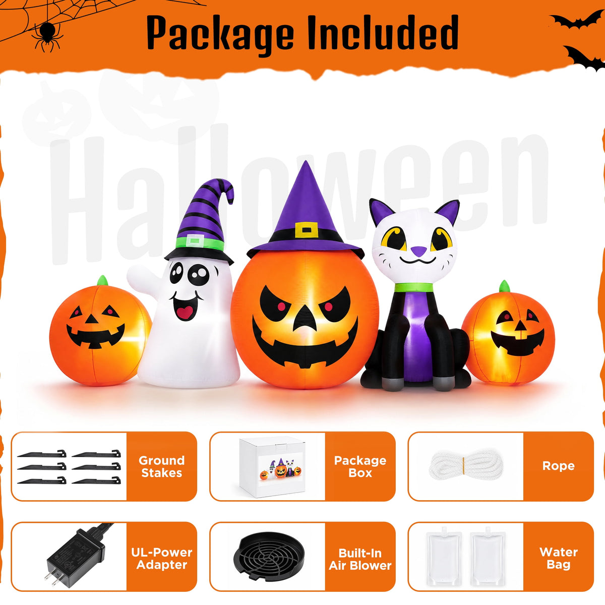 Witchwood™ (2 pack) 8FT Halloween Inflatable Pumpkins Ghost Cat with Lights,Blow ups Outdoor Decorations for Yard