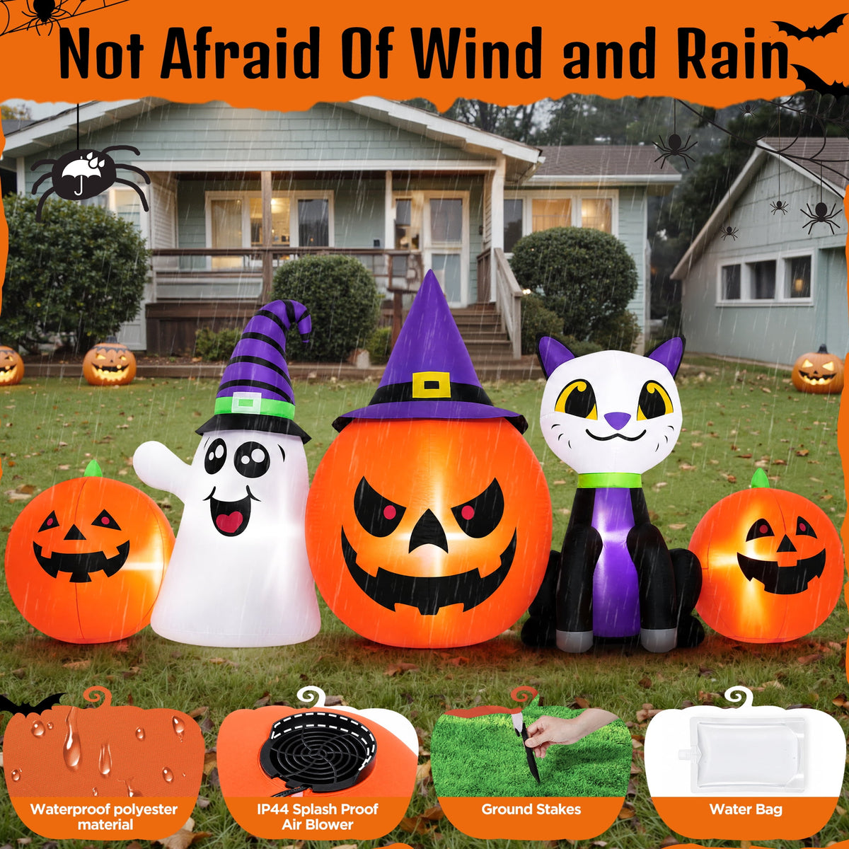Witchwood™ (2 pack) 8FT Halloween Inflatable Pumpkins Ghost Cat with Lights,Blow ups Outdoor Decorations for Yard