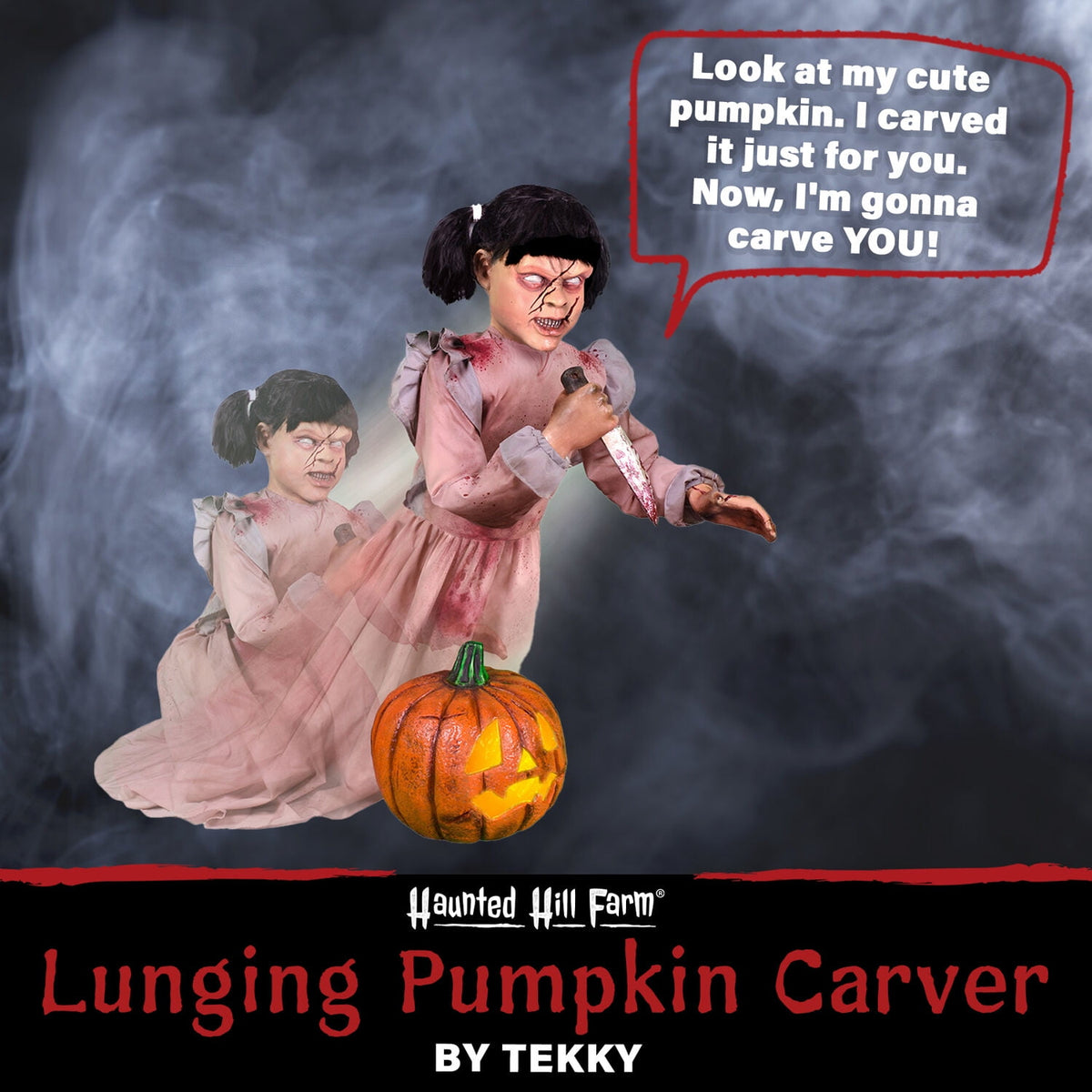 Witchwood™ Lunging Pumpkin Carver Zombie Girl with Jack O'Lantern by Tekky, 3.2 ft Premium Talking Halloween Animatronic, HHPMPCVR-FLSA