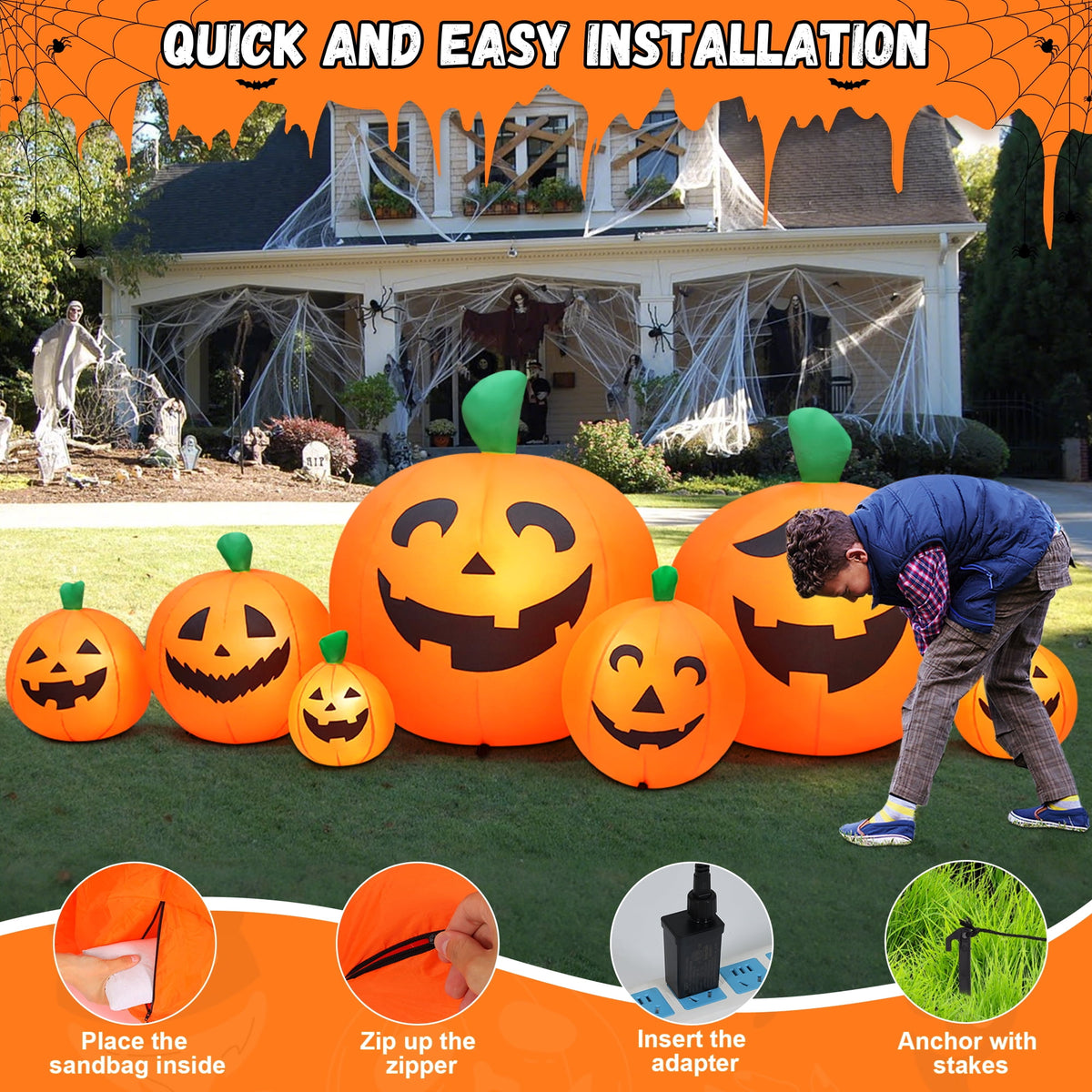 Witchwood™ 8 FT Halloween Inflatables Pumpkin,7 Pumpkins Halloween Outdoor Decoration with Built-in LED Lights,Halloween Blow Ups for Yard, Lawn, Garden Decor