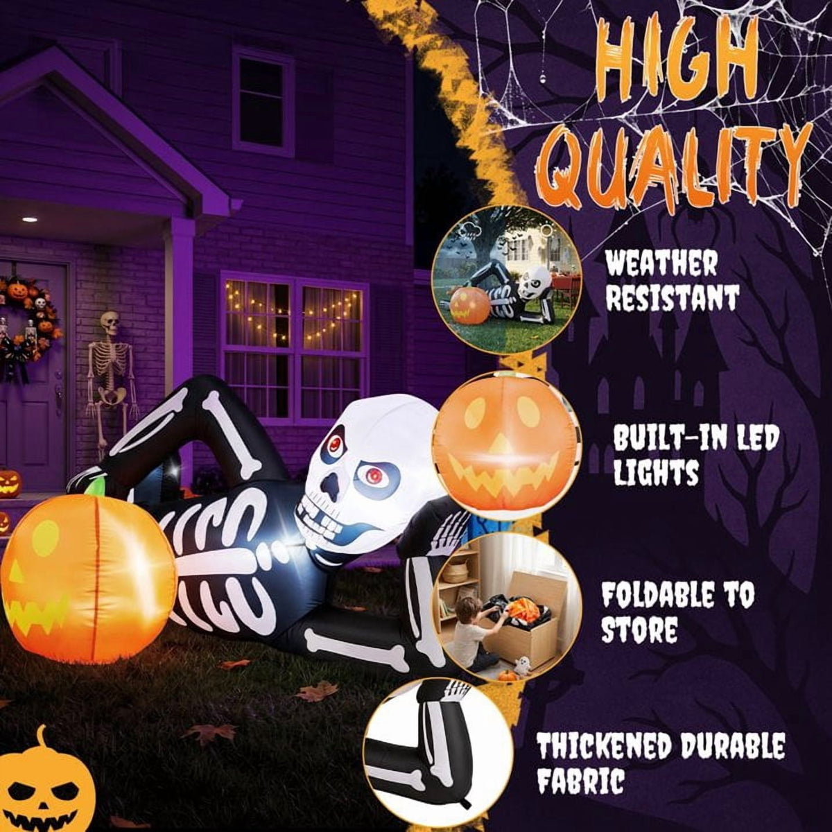 Witchwood™ 7' Halloween Inflatables Skeleton Outdoor Halloween Decoration Reclining Skeleton with Pumpkin,Built-In LED Lights
