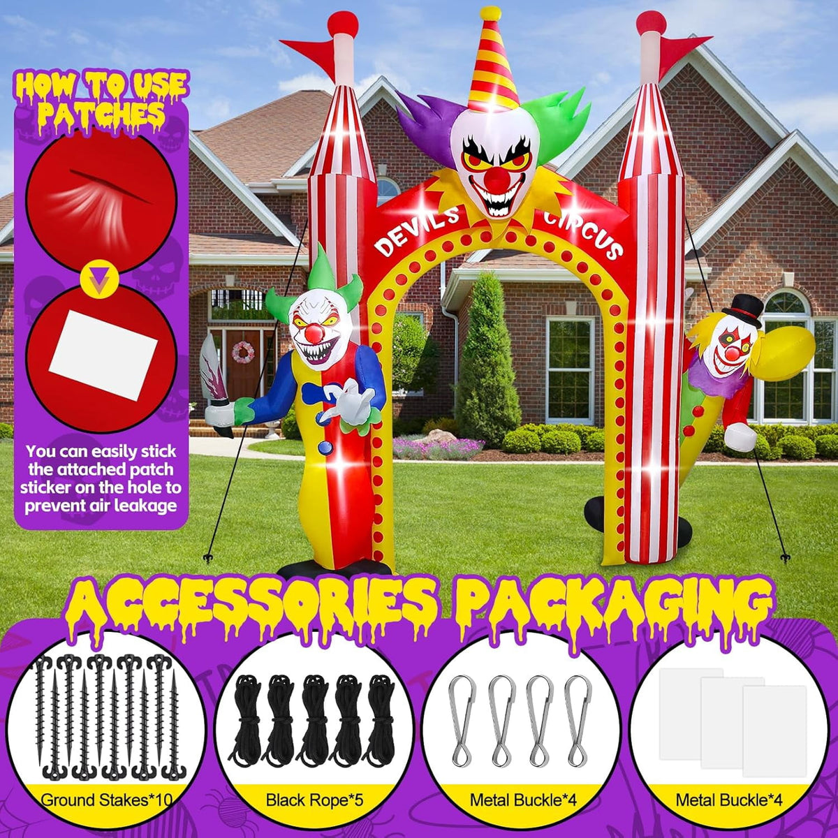Witchwood™ 12FT Giant Clown Inflatable Archway with Built-in Lights ? Scary Outdoor Yard Decorations for Garden, Lawn, and Indoor Halloween Decor