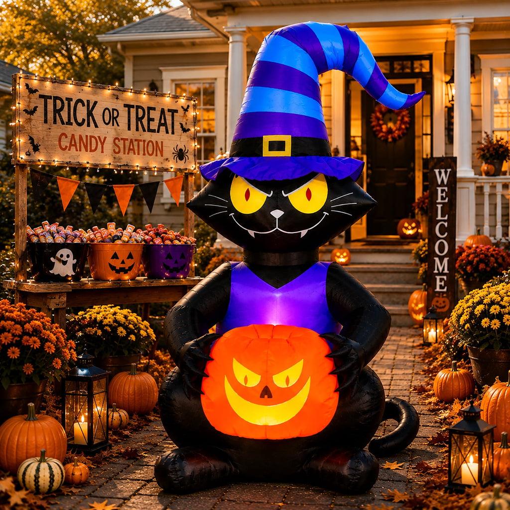 Witchwood™ Toiyjofe 6ft Halloween Inflatable Black Cat with Jack-o'-Lantern & LED Lights, Trick-or-Treat Yard Decoration with Witch Hat for Outdoor Lawn & Porch