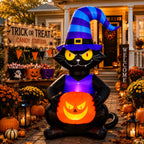 Witchwood™ Toiyjofe 6ft Halloween Inflatable Black Cat with Jack-o'-Lantern & LED Lights, Trick-or-Treat Yard Decoration with Witch Hat for Outdoor Lawn & Porch