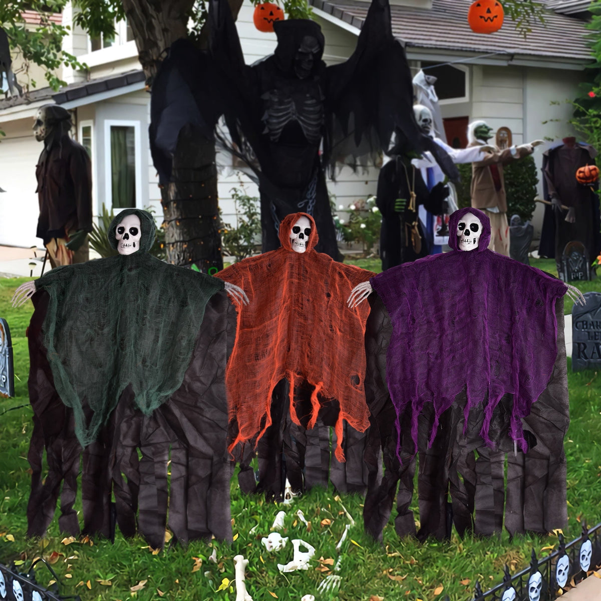 Witchwood™ Nifti Nest Halloween Skeleton, 3 Pcs Ghost Decorations, Halloween Props, Halloween Yard Decorations, Black,Green,Red