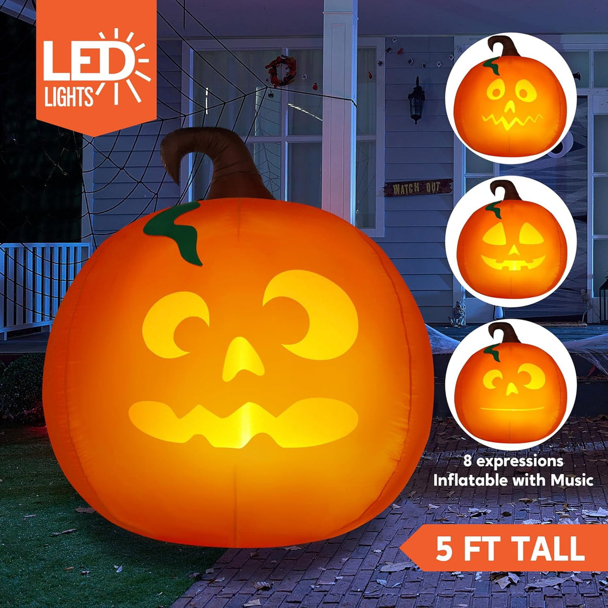 Witchwood™ 5 Ft Tall Halloween Inflatable Pumpkin,Blow Up Pumpkin with Projector Face and Music Lights,Outdoor Decorations for Yard,Garden,Lawn,Party