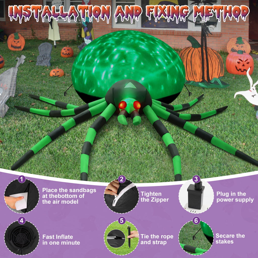 Witchwood™ 8FT Halloween Inflatables Outdoor Decorations Giant Spider Decorations with LED Lights and Air Pump Blow up Inflatable Green