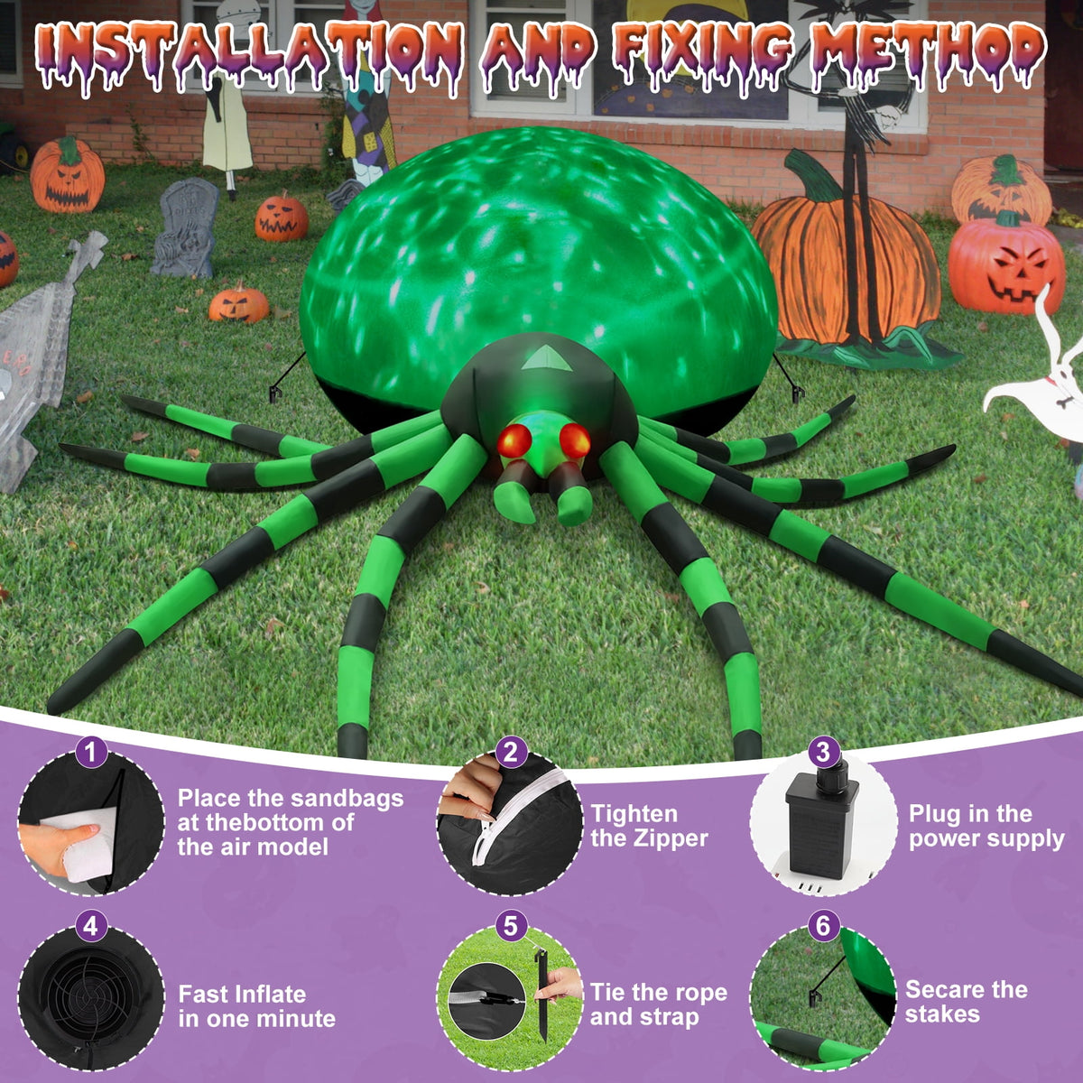 Witchwood™ 8FT Halloween Inflatables Outdoor Decorations Giant Spider Decorations with LED Lights and Air Pump Blow up Inflatable Green