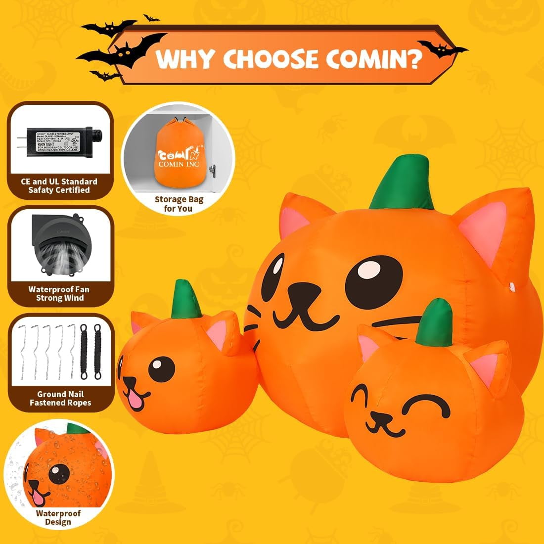 Witchwood™ COMIN Halloween Inflatable 5 FT Long Three Pumpkin Cat Head Combo with Built-in LEDs, Blow Up Yard Decoration for Holiday Party Indoor, Outdoor, Yard, Garden, Lawn