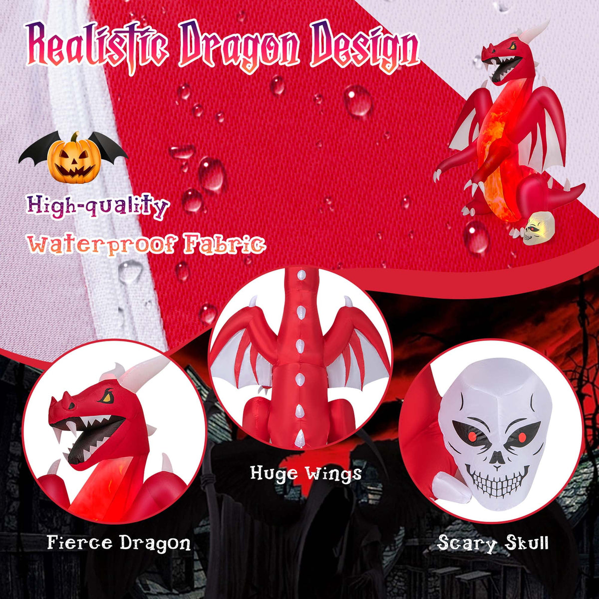 Witchwood™ Costway 8 FT Halloween Inflatable Red Dragon with Wings & Skull Holiday Decoration Light