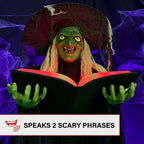 Witchwood™ 5.5 ft Poseable Witch with Spell Book, Lights and Sound, Indoor/Covered Outdoor Halloween Decoration, HHWITCH-9FLS