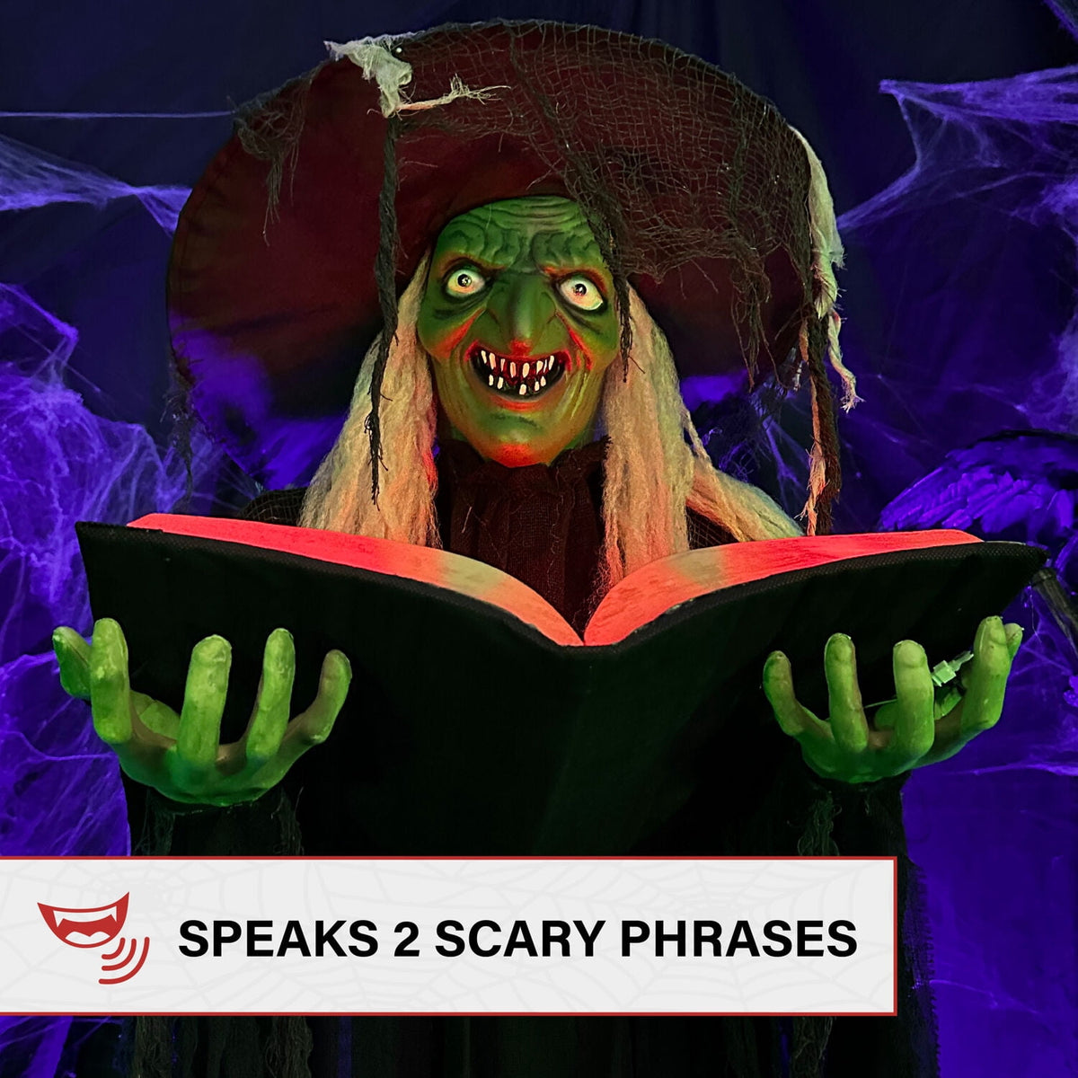 Witchwood™ 5.5 ft Poseable Witch with Spell Book, Lights and Sound, Indoor/Covered Outdoor Halloween Decoration, HHWITCH-9FLS
