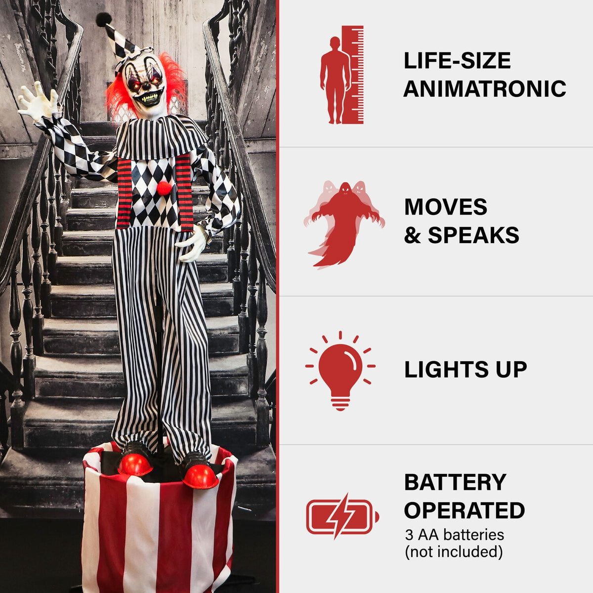 Witchwood™ 6 ft Animatronic Talking Clown on a Stage with Movement and Light-Up Eyes for Scary Halloween Decoration, HHCLOWN-31FLSA