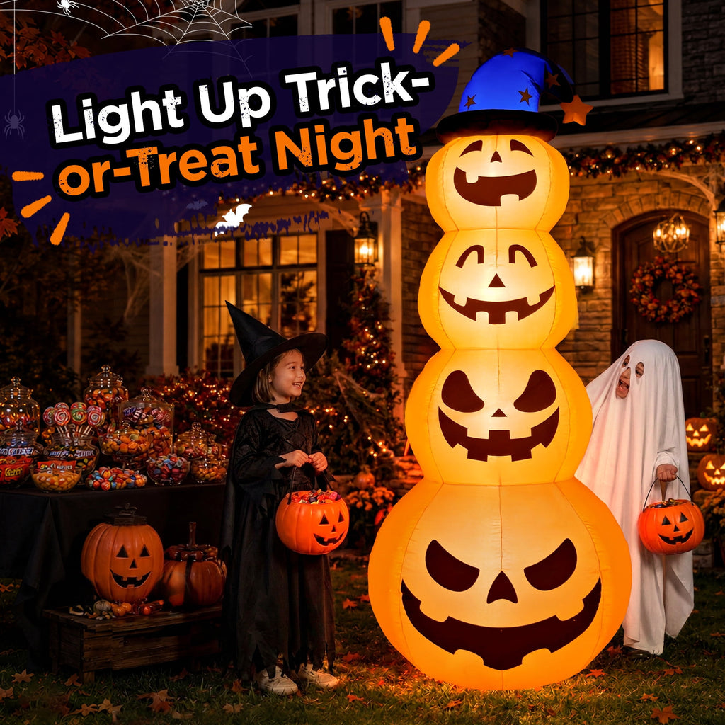 Witchwood™ 8ft Halloween Inflatable, Stacked Pumpkins with Witch Hat and Built-in LED Lights, Outdoor Blow up Yard Decor for Lawn, Garden, Porch and Halloween Party, Orange
