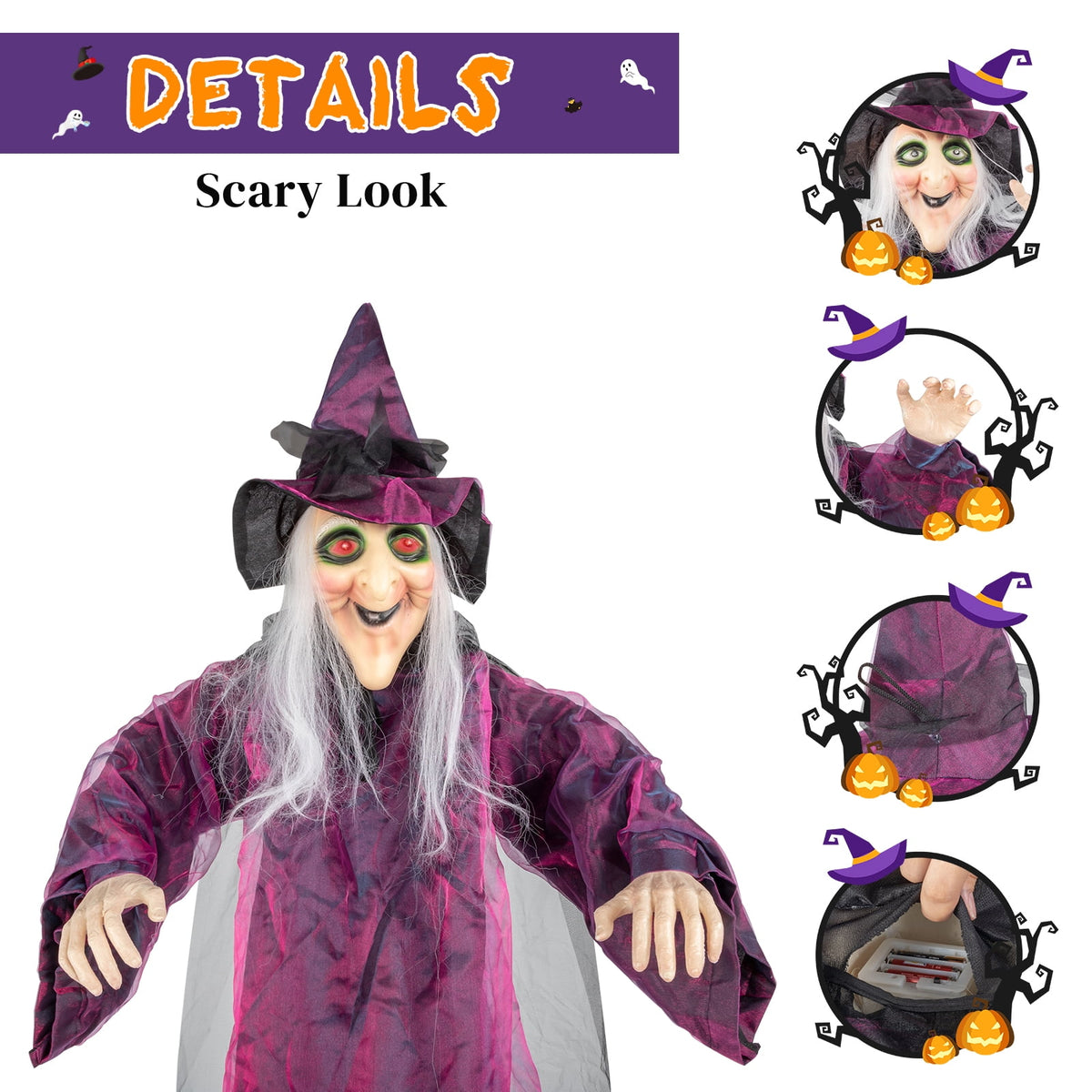 Witchwood™ Halloween Witch Hanging Animated Screaming Witch w/ Pre-Recorded Sound, LED Eyes for Yard Outdoor Home Garden