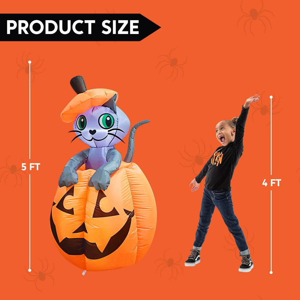 Witchwood™ 5 ft Halloween Inflatable Animated Cat on Pumpkin,Halloween Outdoor Decoration with LED Lights,Blow Up Decoration for Yard & Lawn,Party
