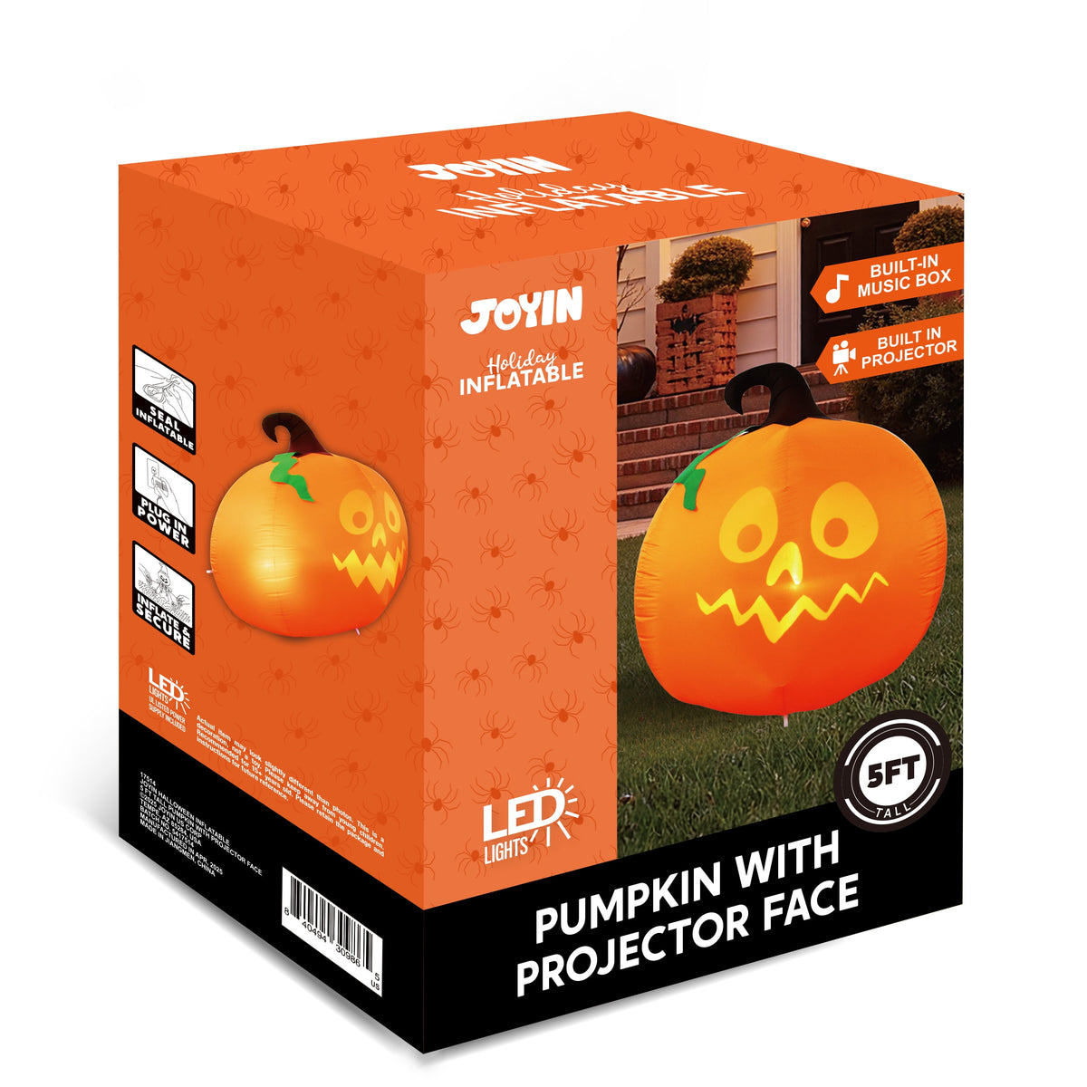 Witchwood™ 5 Ft Tall Halloween Inflatable Pumpkin,Blow Up Pumpkin with Projector Face and Music Lights,Outdoor Decorations for Yard,Garden,Lawn,Party