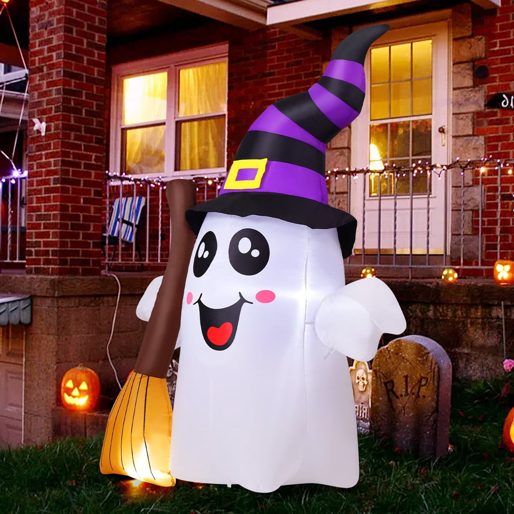 Witchwood™ Halloween Inflatables 6 FT Halloween Ghost Inflatable Grasping Broom with LED Lights, Blow up Ghost Cute Inflatable Ghost, Outdoor Halloween Decorations for Holiday Party Indoor Outdoor
