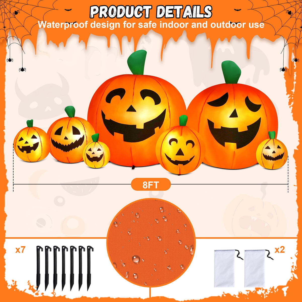 Witchwood™ 8 FT Halloween Inflatables Pumpkin,7 Pumpkins Halloween Outdoor Decoration with Built-in LED Lights,Halloween Blow Ups for Yard, Lawn, Garden Decor