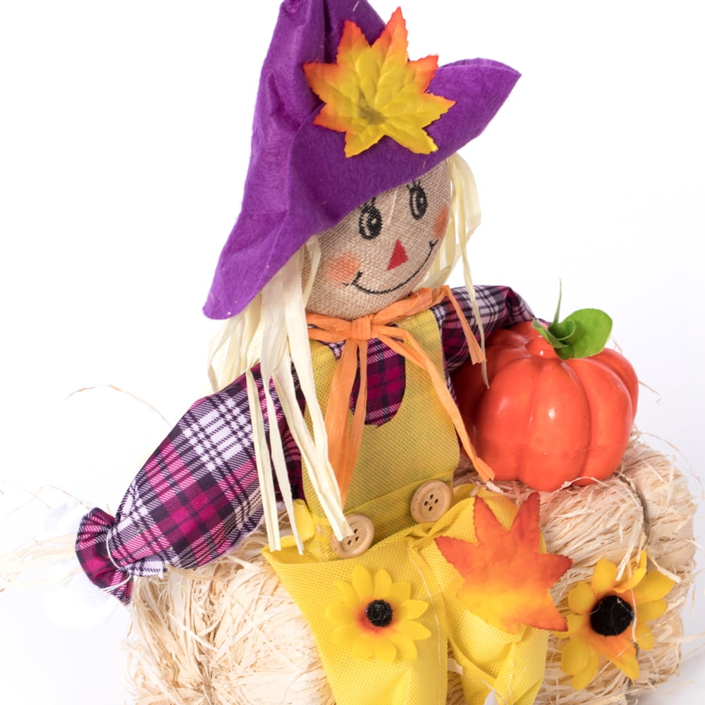 Witchwood™ Gardenised 18 Inch Sitting on Straw and Hay Bales Multicolor Trio Scarecrows for Halloween, Fall and All Time Season Garden Decor, Perfect to Add a Festive Touch to Your Lawn