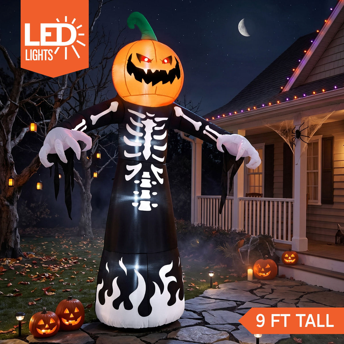 Witchwood™ 9 ft Halloween Inflatables Pumpkin Skeleton Decorations with Built-in LED Lights,Large Blow Up Decoration for Yard Lawn Garden Indoor Outdoor, Pumpkin Skeleton Inflatable Decoration